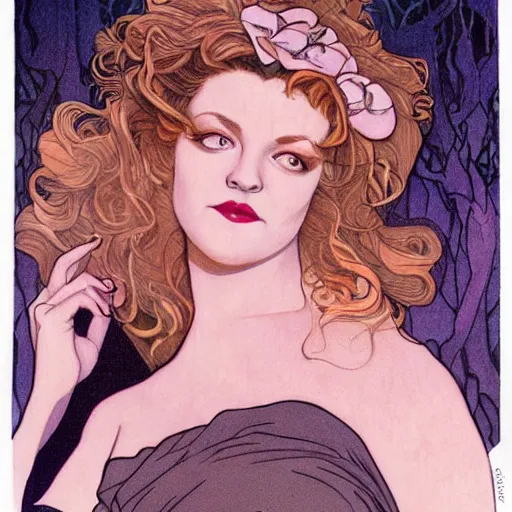 Image similar to sheryl lee as laura palmer, mucha style,