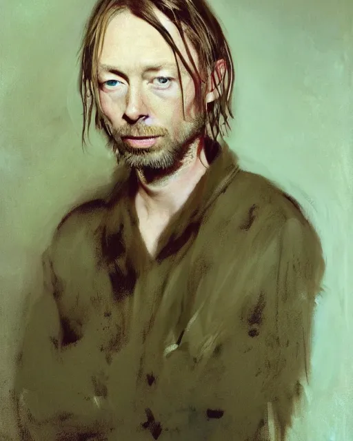 Prompt: thom yorke age 2 5, portrait painting by john singer sargent, loish, richard schmid, craig mullins, mandy jurgens, fashion photography