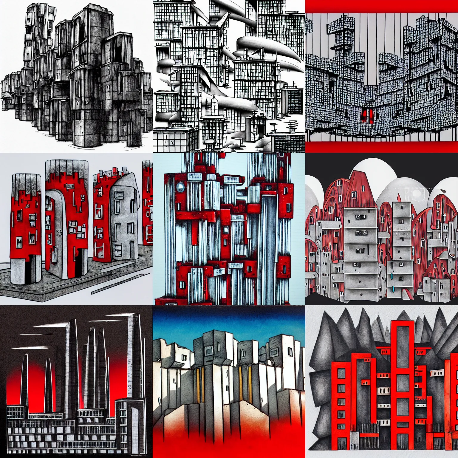 Prompt: futuristic, fantasy village, brutalist architecture, minimalistic ink and red airbrush painting on white background, black outline