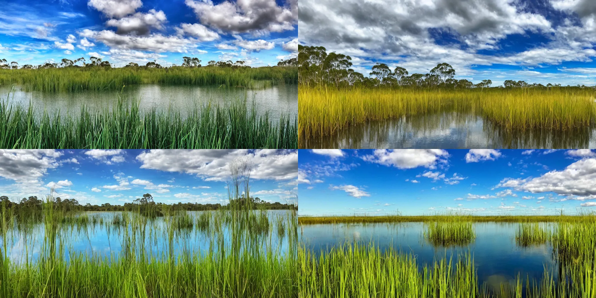 Prompt: Beautiful still lake surrounded by reeds, australia, trees in background, lime colored plants in foreground, blue sky with clouds, photography, 4k, wallpaper, hdr, ultra wide camera, shot on iphone, barely visible viewing platform in foreground