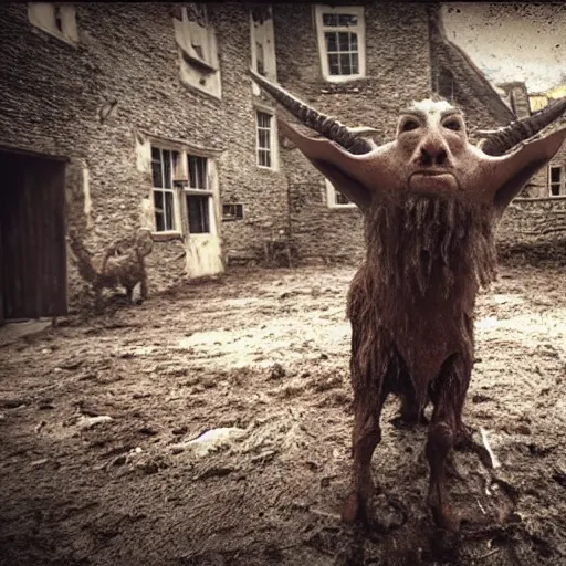 Prompt: horror, moody, still from film, daytime, muddy village square, wide shot, screeching mutant goat monster, powerful and huge, creeping on legs with hands, mouth crammed full of filthy jagged teeth, matted brown fur, in muddy medieval village square