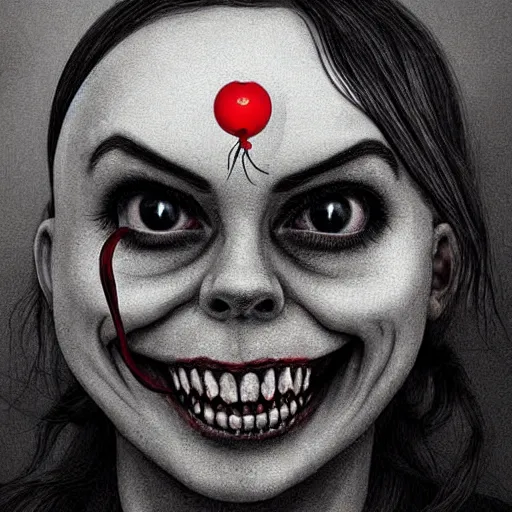 Image similar to digital art of Billie eilish with a wide smile and a red balloon by Zdzisław Beksiński, loony toons style, pennywise style, corpse bride style, creepy lighting, horror theme, detailed, elegant, intricate, conceptual, volumetric light