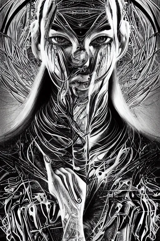 Image similar to black and white illustration, creative design, body horror, alex gray, android jones