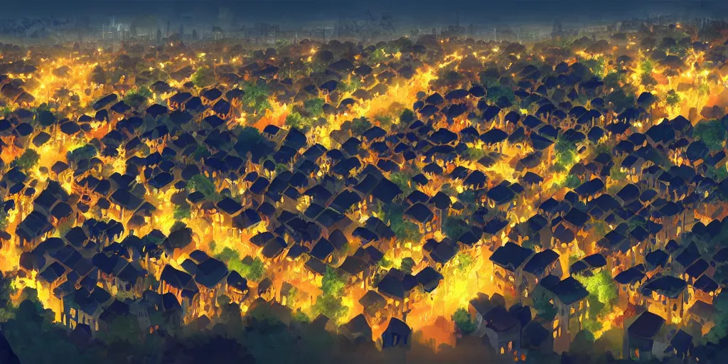 Prompt: beautiful night view of a town from a hill, award - winning digital art, anime