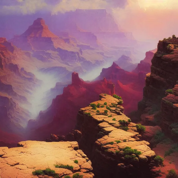 Prompt: a beautiful painting of a grand canyon by ivan aivazovsky and zdzisław beksinski and rene magritte and greg rutkowski and james gurney, in style of digital art. hyper detailed, sharp focus, soft light. octane render. ray tracing. trending on artstation