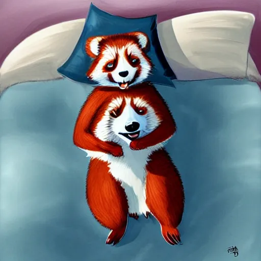 Image similar to commissioned full body portrait of an anthro! red panda waking up in bed! and yawning, trending on furaffinity,