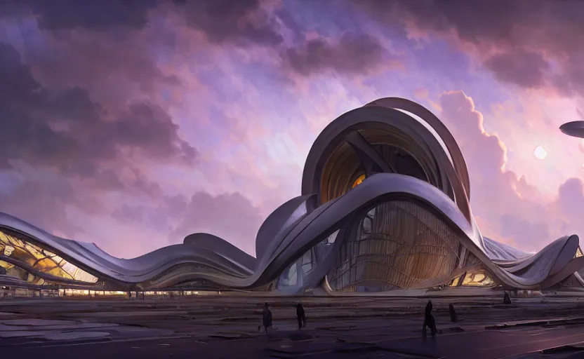 Image similar to exterior shot of utopian architecture building with cinematic lighting by zaha hadid and renzo piano, darek zabrocki and greg ruthkowski, alphonse mucha, simon stalenhag, cinematic, stars, beautiful, holy place, paradise, scifi, futurism, atmospheric, sunset, concept art, artstation, trending on artstation