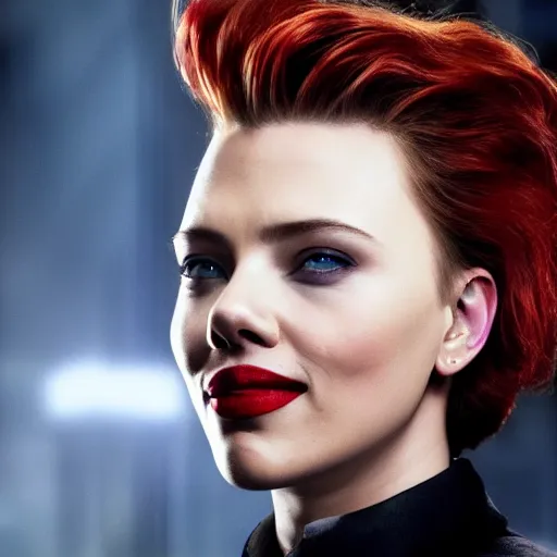 Image similar to beautiful awe inspiring (Scarlett Johansen) as The Joker smiling 8k hdr