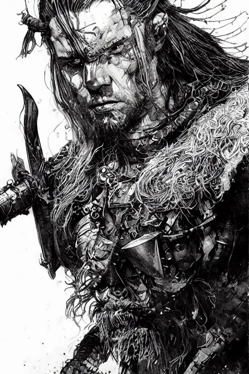 Prompt: Portrait of male dnd barbarian, pen and ink, intricate line drawings, by John Harris, Emil Melmoth, Craig Mullins, yoji shinkawa , artstation, moebius comic, Marc Simonetti, Ian McQue, Kentaro Miura, hyper detailed, cinematic