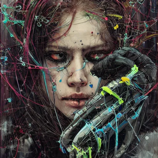 Prompt: a female cyberpunk hacker, skulls wires cybernetic implants, in the style of adrian ghenie esao andrews jenny saville surrealism dark art by james jean takato yamamoto and by ashley wood