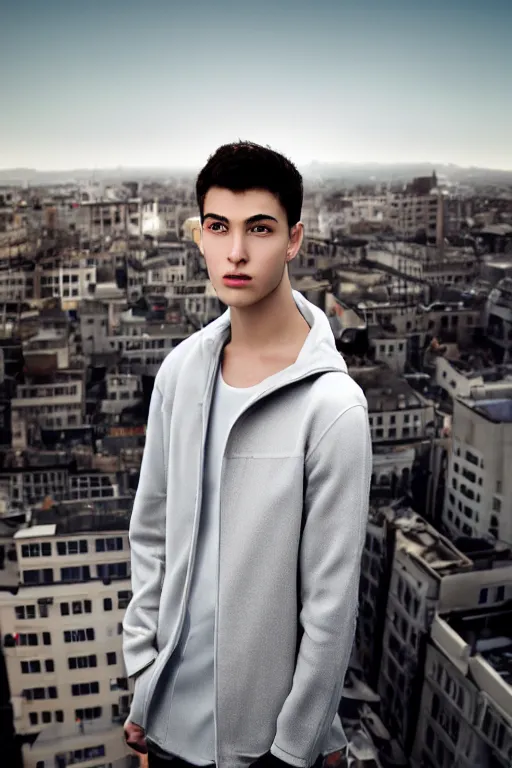 Image similar to un ultra high definition studio quality photographic art portrait of a young man standing on the rooftop of a british apartment building wearing soft padded silver pearlescent clothing. three point light. extremely detailed. golden ratio, ray tracing, volumetric light, shallow depth of field. set dressed.