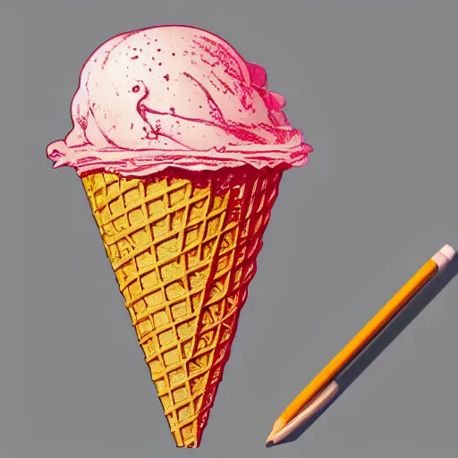 Image similar to Stylised and coloured Lineart of an icecream cone with three scoops of icecream placed on top stacked in a triangle shape, highly detailed, digital pencil painting, artstation, concept art, crisp, sharp focus, illustration, art by artgerm and greg rutkowski and alphonse mucha