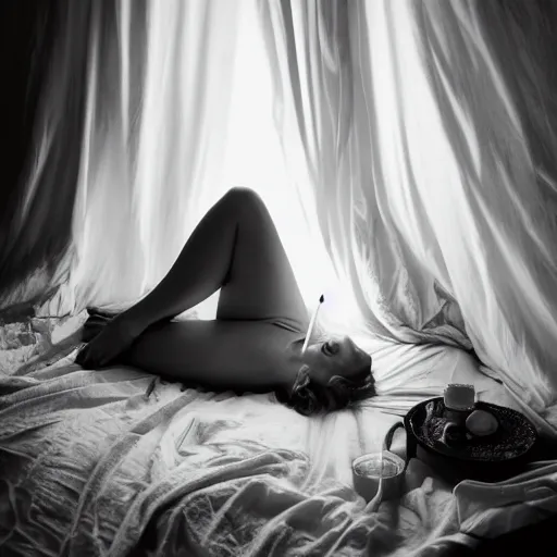 Image similar to Pictorial portrait photo of Liv Sage lounging in her bedroom, candlelit, large format, dramatic light