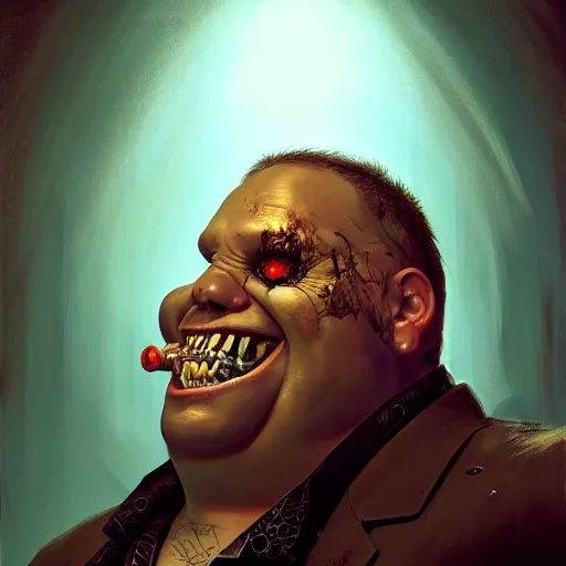 Image similar to closeup portrait of an overweight barkeeper with a prosthetic robot arm, decayed teeth, ratz, neuromancer, bar background, painted by greg rutkowski, painted by igor kieryluk, high detail, dramatic light, digital art, trending on artstation