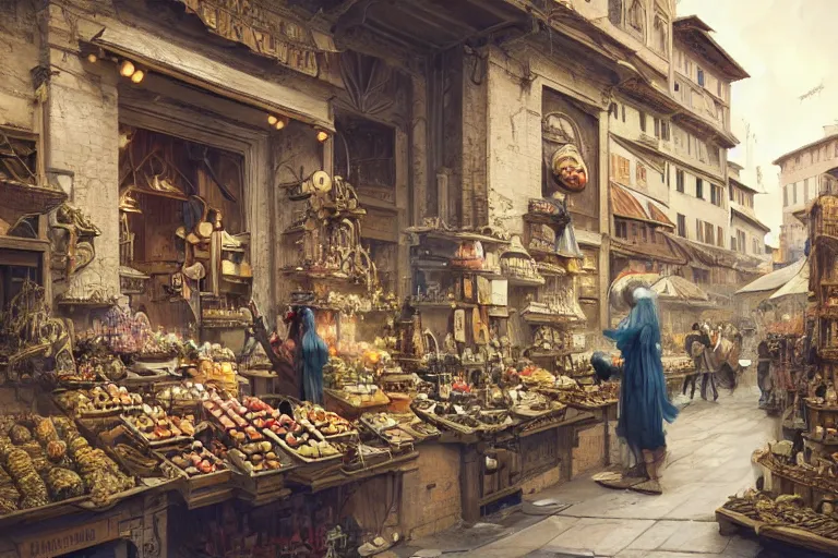 Image similar to a time traveller astronaut shopping at ancient renaissance florence street vendors, rule of thirds, serene, nvidia, by wlop, peter mohrbacher, james jean, jakub rebelka, visually stunning, beautiful, masterpiece