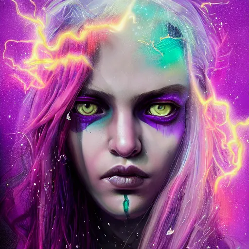 Image similar to detailed photo portrait of a furious teen girl with thin, hair-like purple tentacles on her head and bright purple eyes, 8k,by tristan eaton, Stanley Artgermm,Tom Bagshaw,Greg Rutkowski,Carne Griffiths,trending on DeviantArt, face enhance,hyper detailed ,full of colour, dramatic lightning