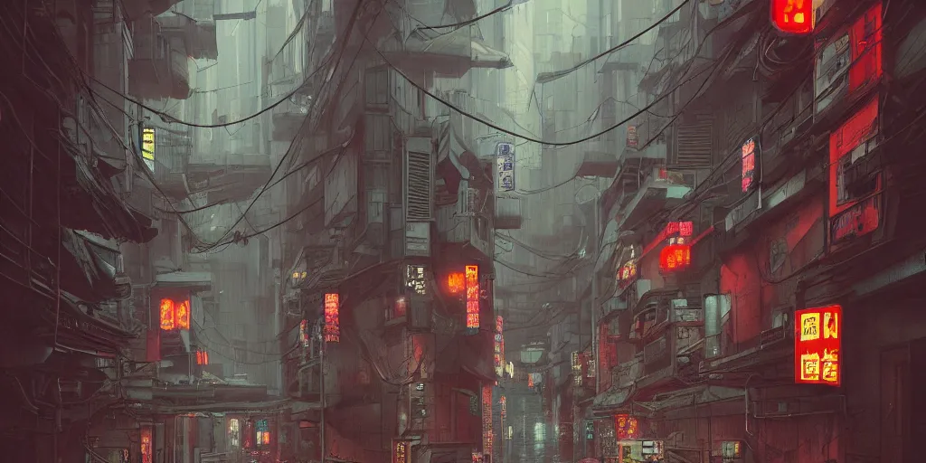 Image similar to Cyberpunk back alley on a rainy day in Japan, low angle view, detailed matte painting, cinematic, Simon Stalenhag, Artstation