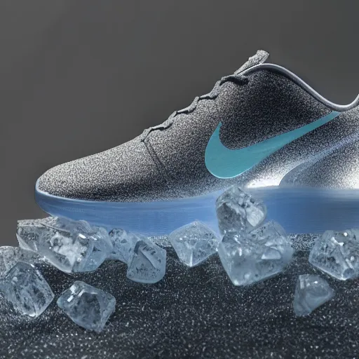 Image similar to nike shoe made of crystal ice, octane render,