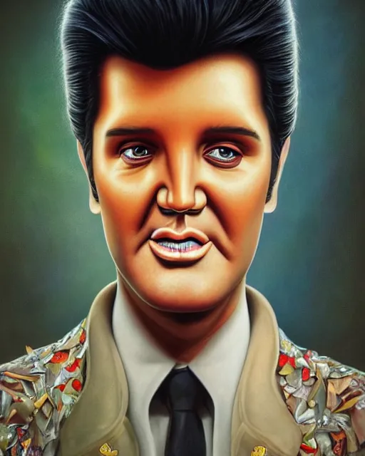 Image similar to Portrait of Elvis Presley Funny cartoonish by Gediminas Pranckevicius H 704 and Tomasz Alen Kopera, masterpiece, trending on artstation