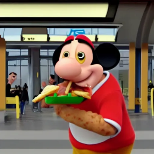 Image similar to disney pixar animation of phil the power taylor eating a kebab in a bus station