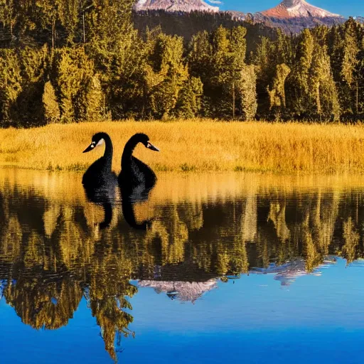 Image similar to photo of two black swans swimming in a beautiful reflective mountain lake, touching heads, forming a heart with their necks, a colorful hot air balloon is flying above the swans, hot air balloon, intricate, 8k highly professionally detailed, HDR, CGsociety