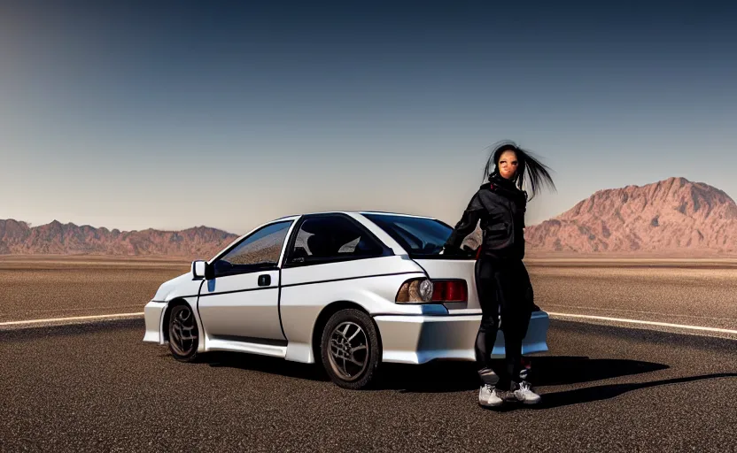 Image similar to photograph of a cell-shaded Honda EK9 Type-R with a lonely techwear woman , on a desert road with a futuristic city in the horizon, one point perspective, 1-point perspective, tilt shift, sigma 85mm f/1.4, 4k, depth of field, high resolution, 4k, 8k, hd, full color