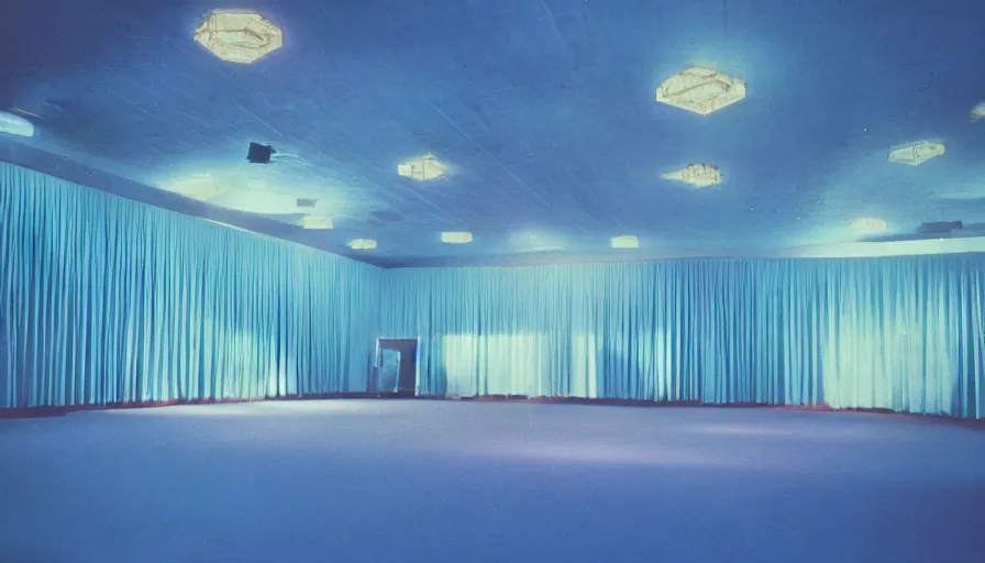 Image similar to 70s movie still of a ballroom with blue ceiling, cinestill 800t Technicolor, heavy grain, high quality, criterion collection, liminal space style