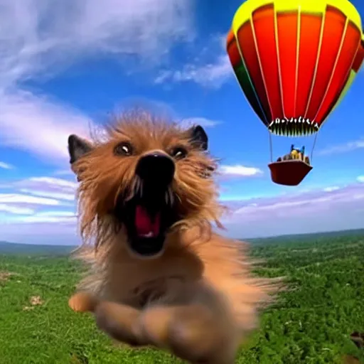 Image similar to a hairy dog with a large open balloon parachute jumping from a cliff. captured by a drone. wide camera. epic