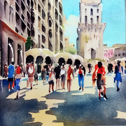 Image similar to big city bustling with people on a hot summer day, watercolor painting, morandi color palette, very beautiful masterpiece by a very talented artist, stunning