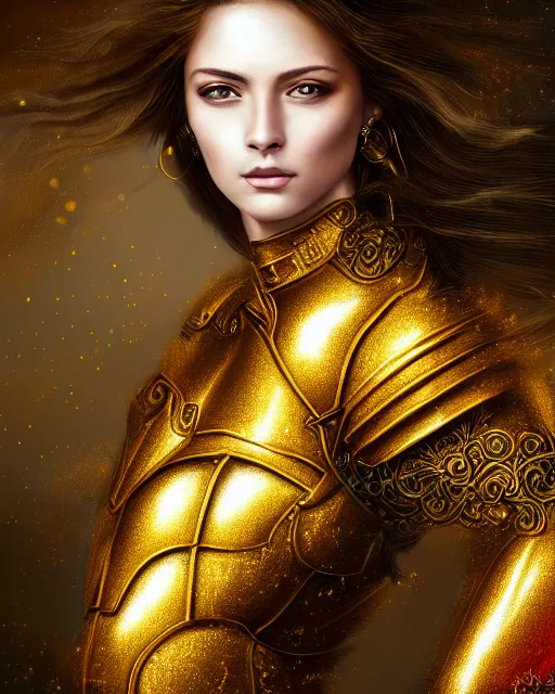 Image similar to digital painting portrait of woman in shining golden armor, high production value, intricate details, high resolution, hdr, high definition, masterpiece, realistic, ultrarealistic, highly detailed, hd, sharp focus, non blurry, sharp, smooth