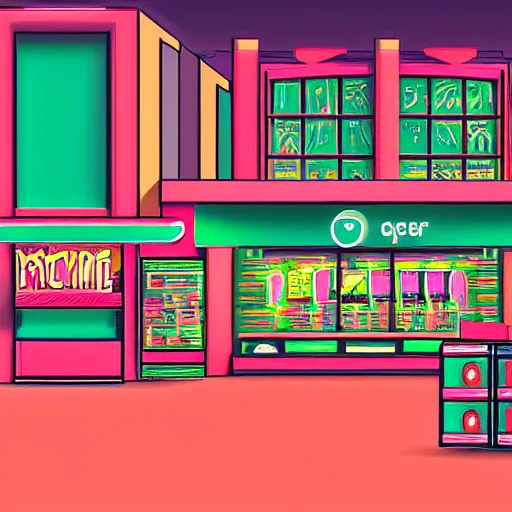 Prompt: art deco vaporwave illustration of a gaming store in a mall in pastel colors