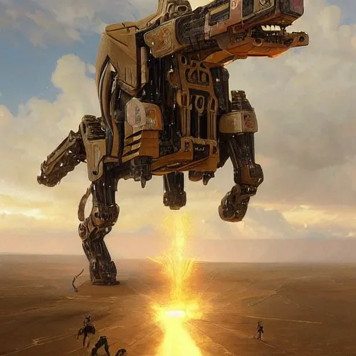 Image similar to epic painting of a realistic four - legged intricate battle robot, rule of thirds, golden ratio, subject in center of frame, trending on artstation, detailed science fiction matte painting by artgerm and greg rutkowski and alphonse mucha,