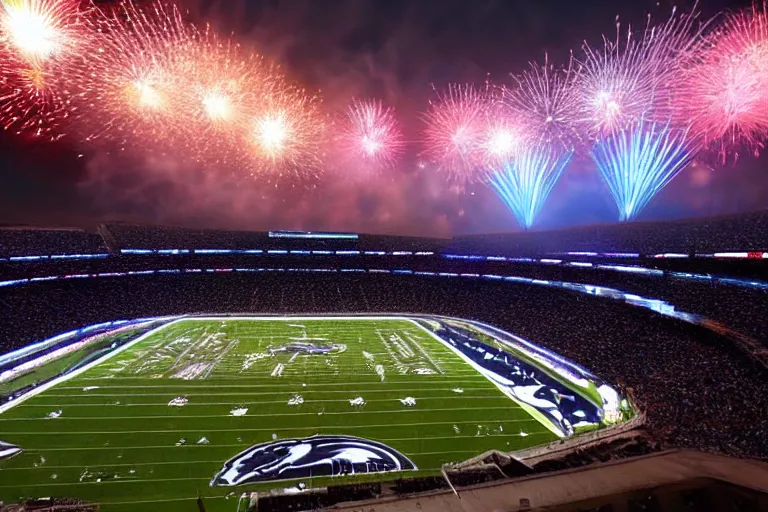 Prompt: !dream a flying whale zooms over an NFL stadium with fireworks cinematic lighting