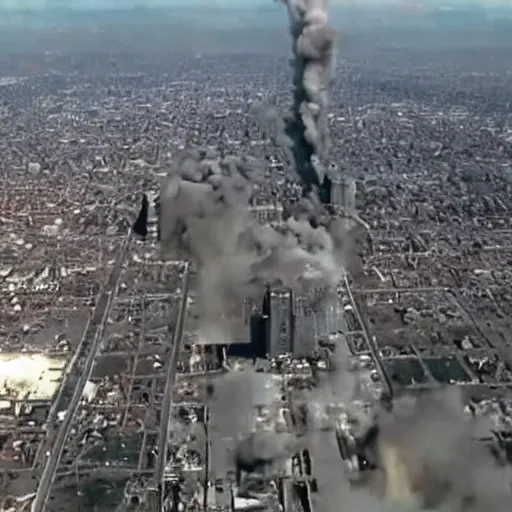 Image similar to helicopter footage of nuclear explosion in city