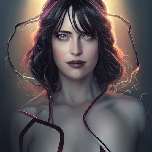 Image similar to full figure ultra realistic illustration, dakota johnson as madame web, intricate, elegant, highly detailed, digital painting, artstation, concept art, smooth, sharp focus, illustration, art by artgerm and greg rutkowski and alphonse mucha