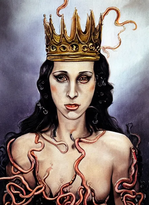 Prompt: 1978 film still from an Italian horror film of a wealthy young woman in her school uniform as the Queen of slimy tentacles clothed completely in silk looking at you intensely with seductively serious eyes while being consumed slowlyby the sadist Squid Devil. ultra detailed painting at 16K resolution and epic visuals. epically surreally beautiful image. amazing effect, image looks crazily crisp as far as it's visual fidelity goes, absolutely outstanding. vivid clarity. ultra. iridescent. mind-breaking. mega-beautiful pencil shadowing. beautiful face. Ultra High Definition. process twice.