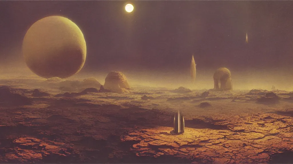 Prompt: otherworldly atmosphere of the first spaceship on venus by arthur haas and bruce pennington and john schoenherr, cinematic matte painting