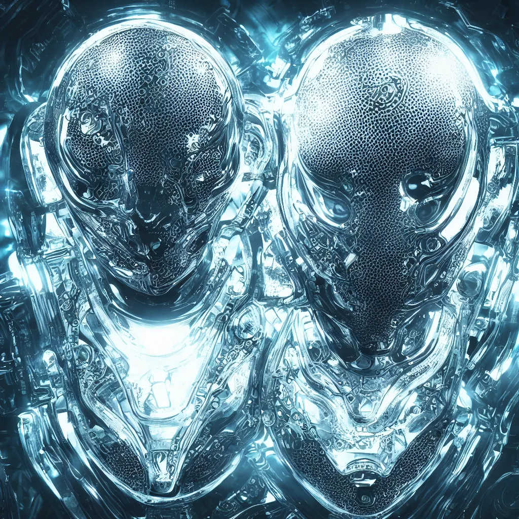 Image similar to an insanely detailed cibernetic artwork of a futuristic artificial intelligence superstar, extremely detailed water texture, centered image, perfectly symmetrical alien face, with frames made of detailed fractals, octane render, 4k, insanely detailed, detailed grid as background, cgi