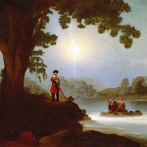 Prompt: colonial soldier crossing river boat landscape waves winter moonlight color oil painting in the style or raphael