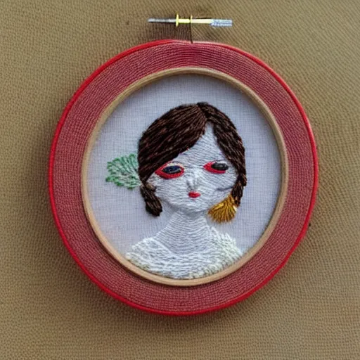 Image similar to a tiny beautiful handmade embroidery of a woman. hand embroidery.