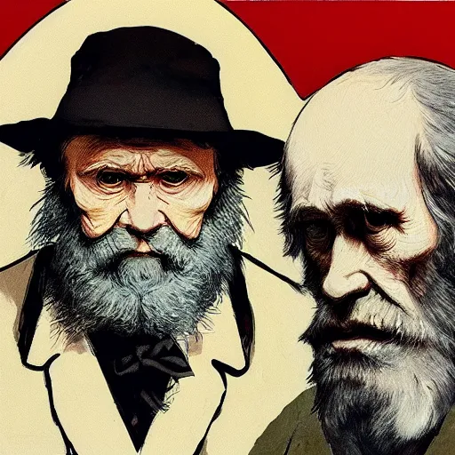 Prompt: portrait of charles darwin with human species from the future, hanafuda oil on canvas by ivan shishkin, james jean and yoji shinkawa