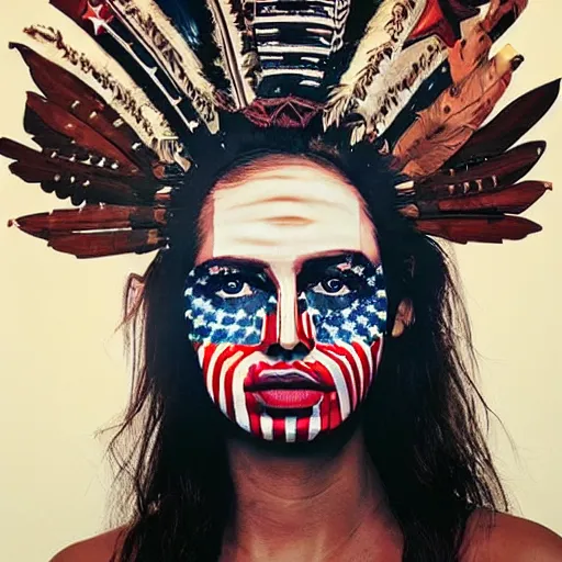 Prompt: a beautiful portrait sculpture designed by Sandra Chevrier, tribal head dress, American stars and stripes on face, by Annie Leibovitz