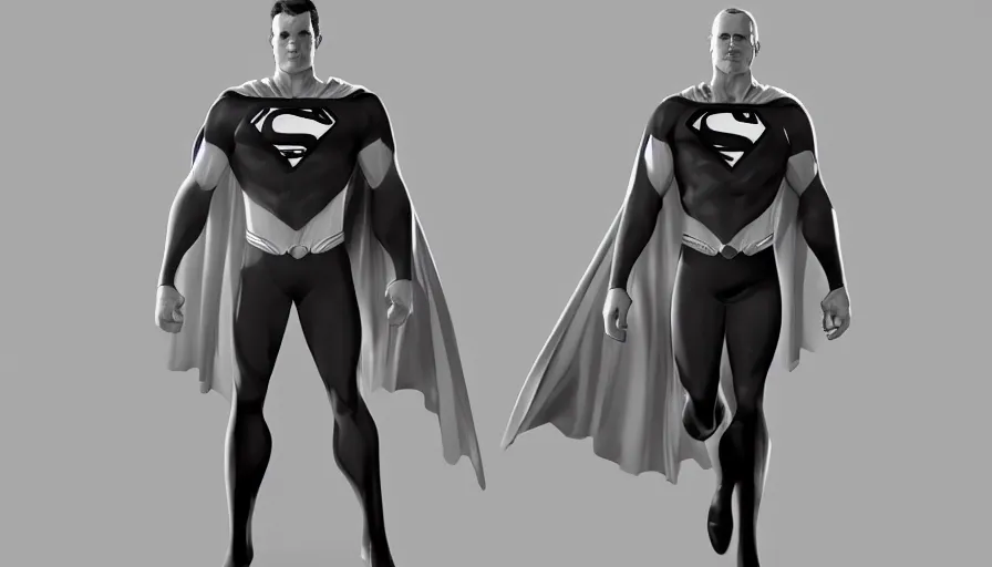 Image similar to Bald Superman in black and white suit with blue cape, hyperdetailed, artstation, cgsociety, 8k