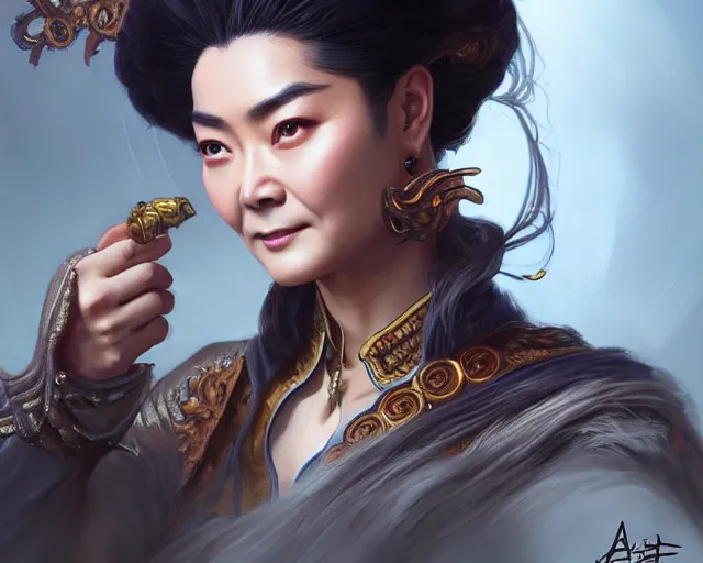 Image similar to photography of brigitte lin dressed as dongfang bubai, deep focus, d & d, fantasy, intricate, elegant, highly detailed, digital painting, artstation, concept art, matte, sharp focus, illustration, hearthstone, art by artgerm and greg rutkowski and alphonse mucha