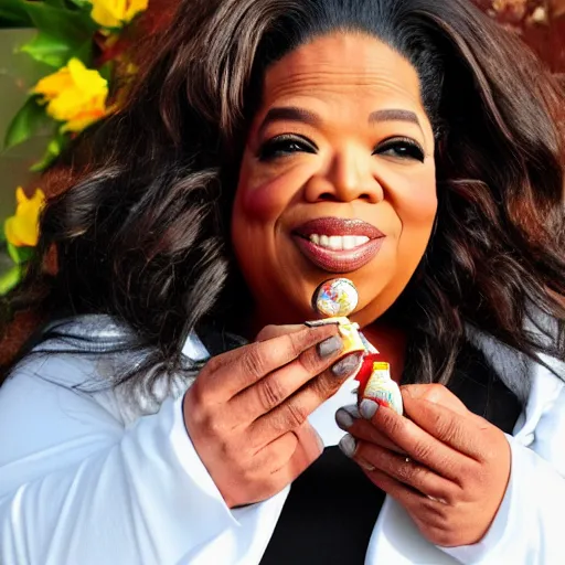 Image similar to obese oprah winfrey eating kinder surprise