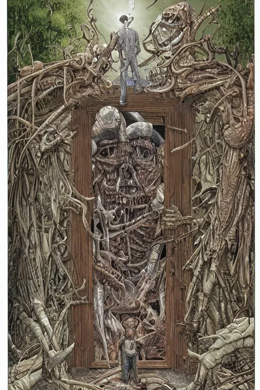Image similar to a doorway to an impossible nightmare beyond comprehension, very very detailed painting by geof darrow and greg rutowski and hr giger