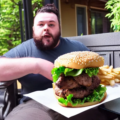 Image similar to overweight 2 0 year old with messy black hair and big beard eating burgers and chicken nuggets on his back porch table