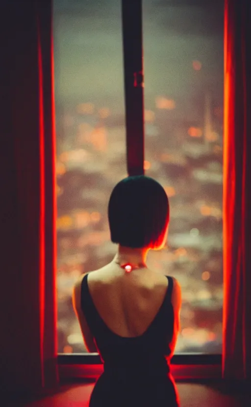 Image similar to portrait back of realistic girl in 7 0's retro club, editorial, fashion, window, realistic, vintage, night, blade runner, dark, clean lines, asian futuristic city in distance, cinematic angle