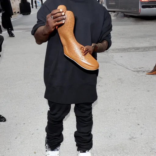 Image similar to kanye west holding a strange shoe and showing it to people