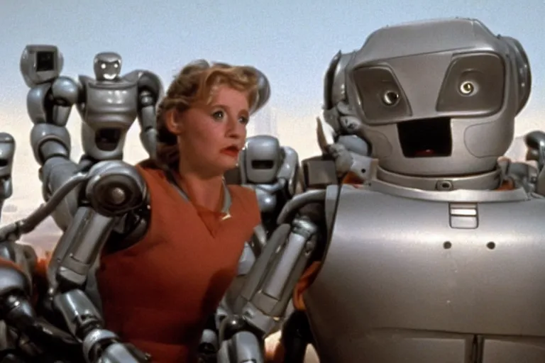Image similar to a movie still from the 1985 summer blockbuster movie Back to the Robots directed by Steven Spielberg